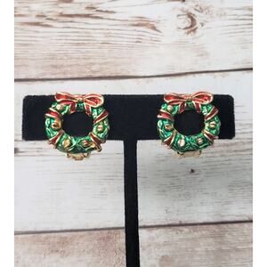 Vintage Clip On Earrings Christmas Wreaths 0.75"